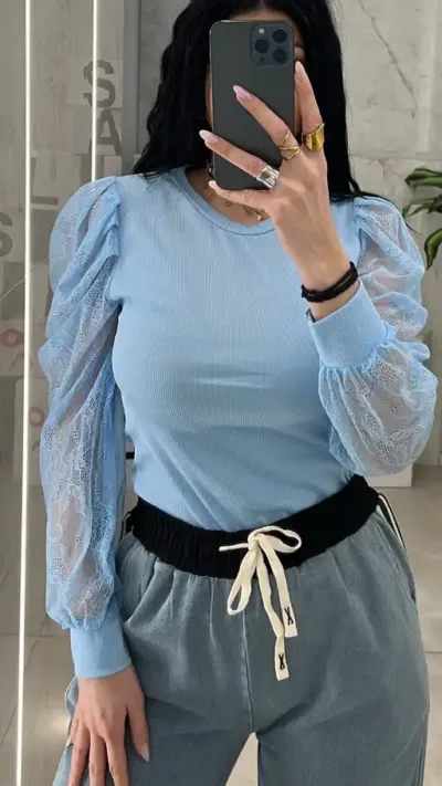 Μπλούζα Με Μανίκι Δαντέλα 22786/Γαλάζιο