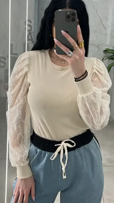 Μπλούζα Με Μανίκι Δαντέλα 22786/Μπέζ