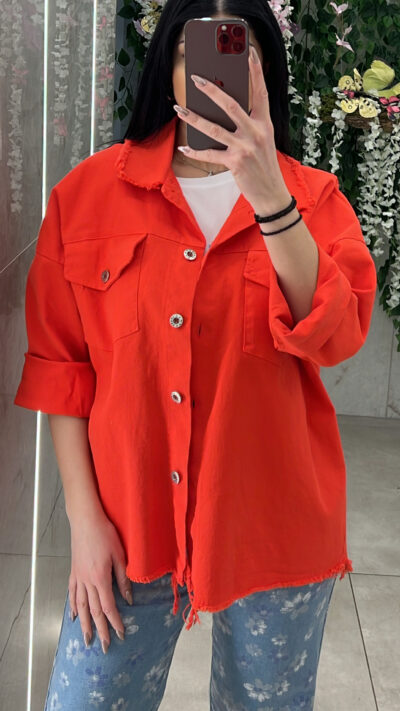 Τζάκετ Oversized με Ξέφτια 11433/Kόκκινο