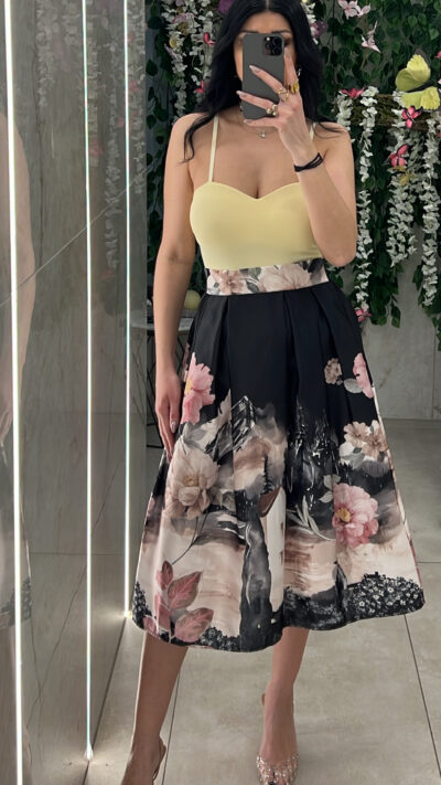 Φούστα Σατεν Φλοραλ 6828/ Μαυρο