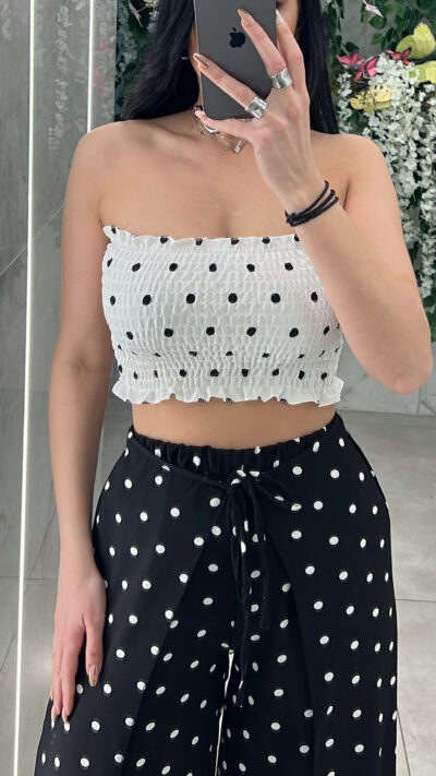 Strapless Top Σφηκοφωλιά-Πουά/Λευκό