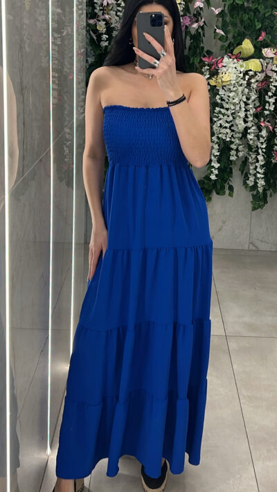 Maxi Strapless Φόρεμα Σφηκοφωλιά/Μπλε