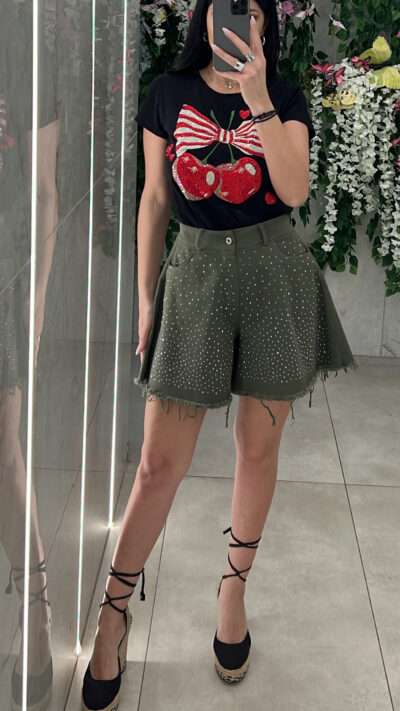 Σορτς Oversized Denim Strass/Χακί