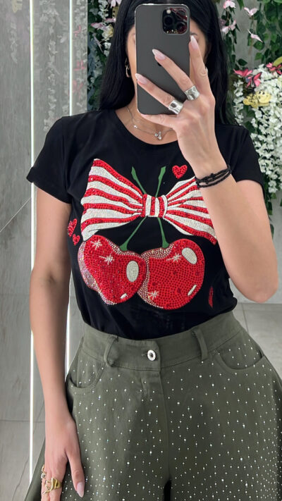 T-shirt Strass Cherry Bow/Μαύρο