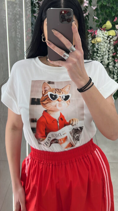 Τ Shirt Με Σταμπα Γατα 4305/ Λευκο