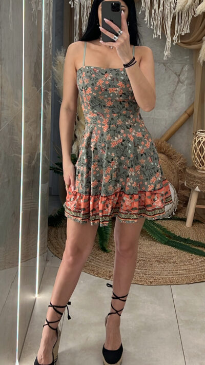 Φόρεμα Floral με Δέσιμο/Χακί