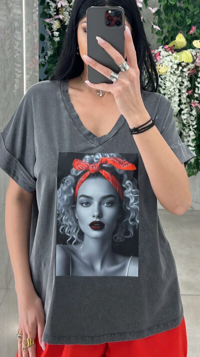 Oversized T-shirt Bandana Girl/Γκρι