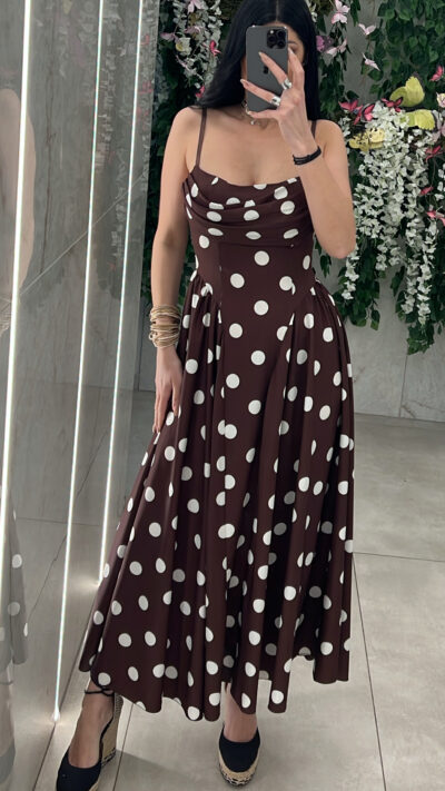Φόρεμα Maxi Drape Πουά/Καφέ