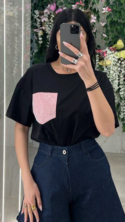 T-Shirt Strass Τσέπη/Μαύρο