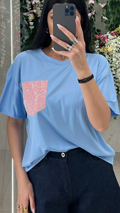 T-Shirt Strass Τσέπη/Γαλάζιο