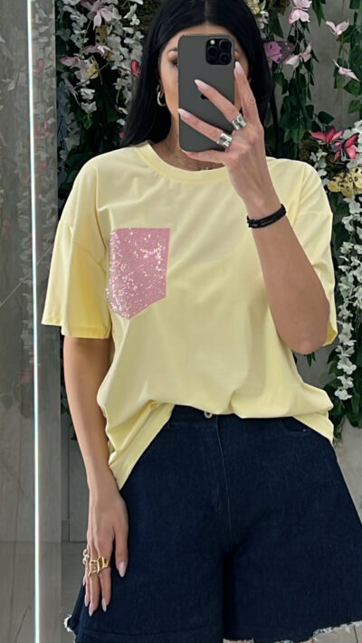 T-Shirt Strass Τσέπη/Κίτρινο