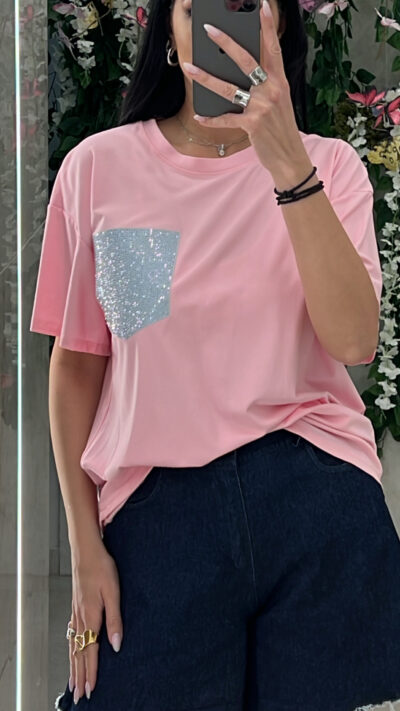 T-Shirt Strass Τσέπη/Ροζ