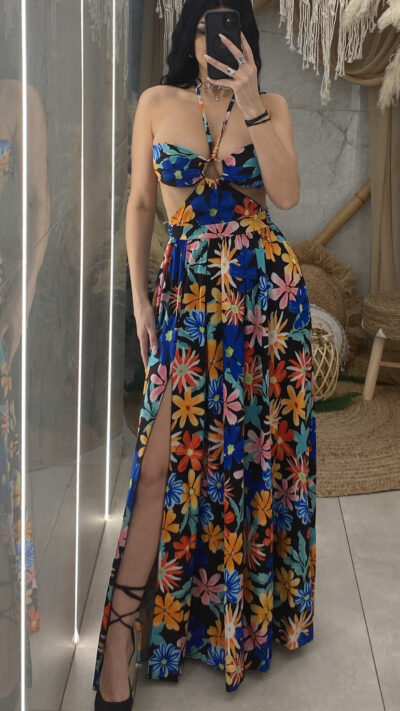 Φόρεμα Floral Κρίκος Ανοίγματα /Μαύρο
