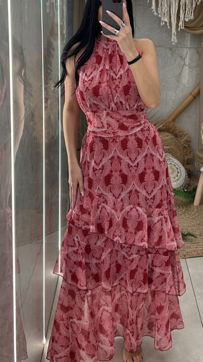 Maxi Φόρεμα Βολάν Pattern/Μπορντό
