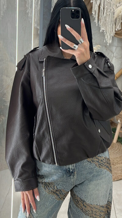 Τζάκετ Oversized Πλαϊνό Φερμουάρ/Καφέ