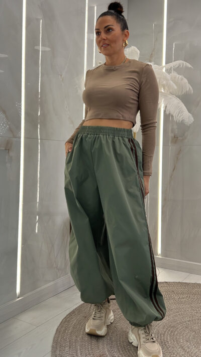 Παντελόνι Oversized Με Ρίγα 26225/Χακί
